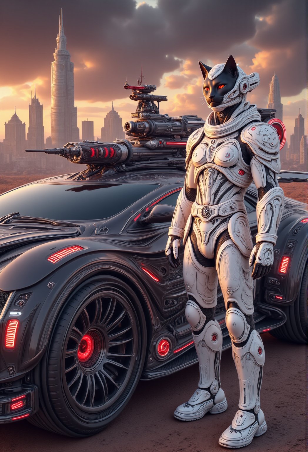 A sleek anthropomorphic black cat stands confidently beside a high-tech armored car, adorned with intricate patterns and vibrant red neon accents, against the backdrop of an otherworldly cityscape. The cat's ears perk up as he proudly wears an elaborate white porcelain armor suit, juxtaposed against the dark bronze hues of the urban landscape. The futuristic car's glossy black body seems to absorb the dim light, while the surrounding cityscape glows with a soft, ethereal luminescence.Anime 3D CGI-ABM,Hightech Car