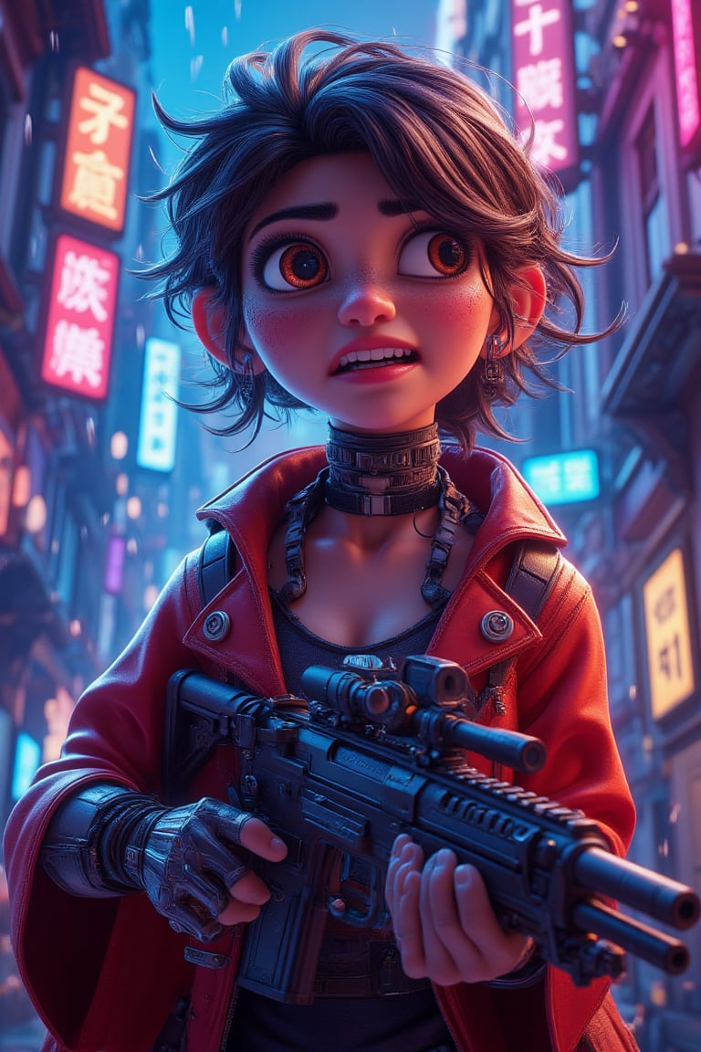 3d vibrant cartoon art Illustrate a cyberpunk mercenary, blending anime aesthetics with futuristic tech. The character should have cybernetic limbs, a glowing visor, and a sniper rifle that looks advanced and deadly. Place them in a rain-soaked neon-lit cityscape, waiting in the shadows for their next target. Their expression should be cold and calculating.