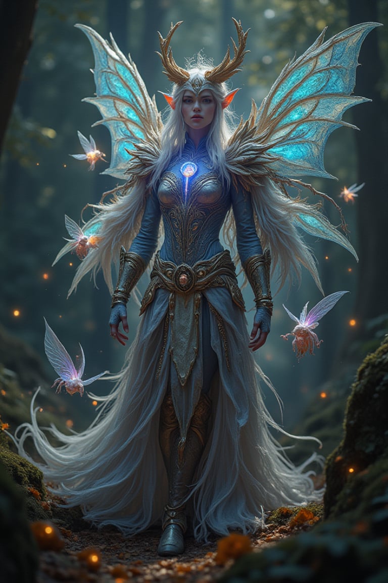 A majestic mystical elf warrior stands tall amidst a vibrant, luminous forest, donning radiant, enchanted armor that shines like moonlit mist. Dazzling, iridescent hues dance across her attire as ethereal creatures - wispy sprites, gossamer winged horses, and shimmering fireflies - swirl around her in mesmerizing symphony.,FluxBoost