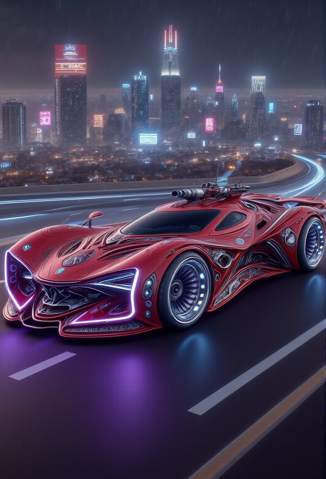 A sleek, red futuristic car with purple neon-lit spoilers and gull-wing doors drifts effortlessly down a dark, rain-soaked city street, its tires screeching as it takes the curve, while towering skyscrapers and holographic advertisements illuminate the cyberpunk landscape.,Hightech Car,FluxBoost