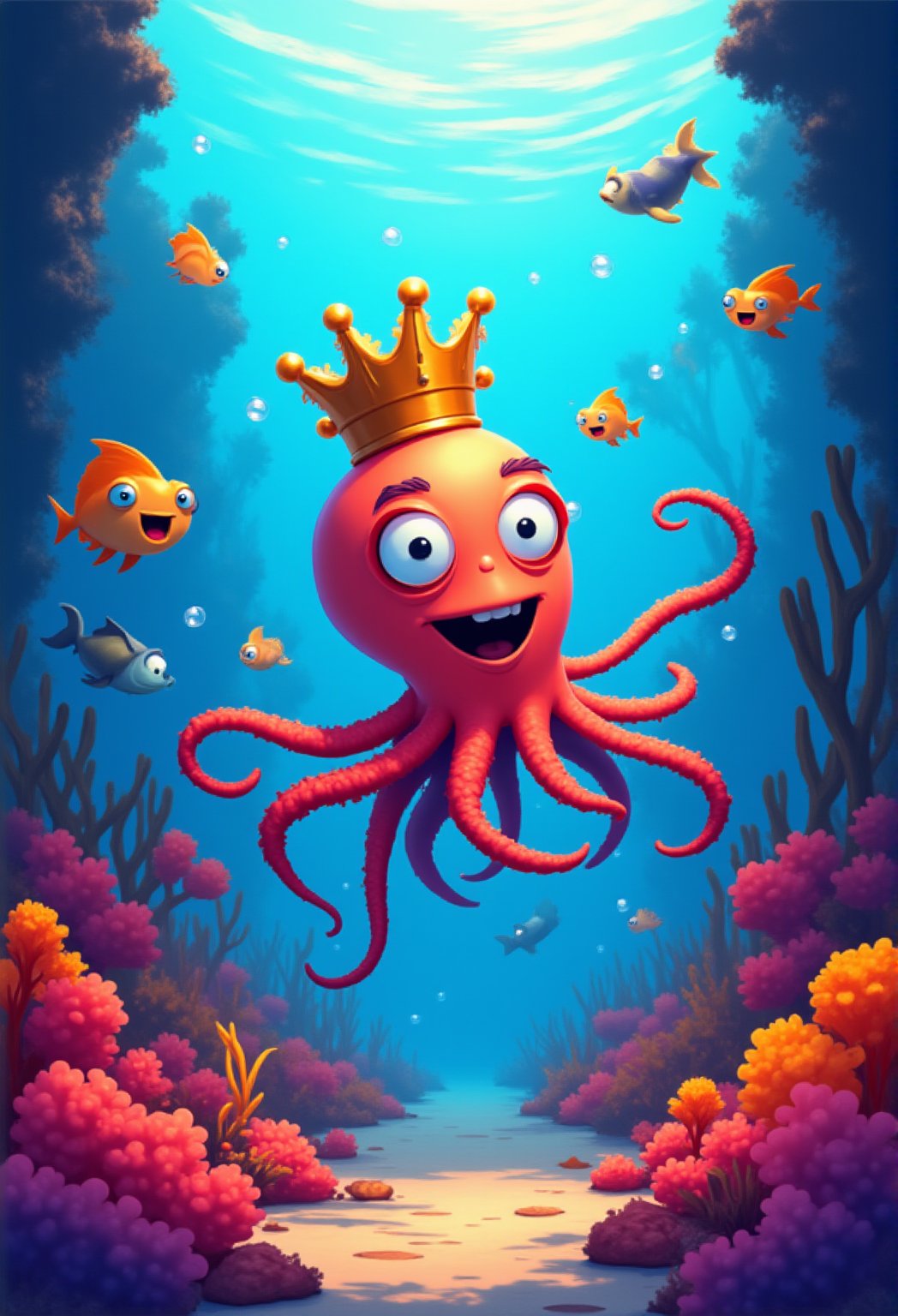 An underwater scene featuring a playful cartoon octopus wearing a crown, surrounded by colorful fish, turtles, and a smiling dolphin. Coral reefs are drawn with exaggerated, swirly shapes, and the ocean floor is filled with seashells and hidden treasure chests. Bubbles float upwards, adding to the lively atmosphere. cartoonish 3D painting