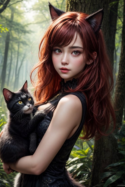 best quality, detailed face, full figure, a half-hybrid girl holding a cat, she has ears like a cat and a tail like a cat, the rest of her body is human, she has beautiful red hair, a beautiful symmetrical face with an innocent cut, she is in the forest, she has beautiful black eyes, she is with other animals, glowing particle,
symmetrical, vibrant, style artwork, highly detailed CG, 8k wallpaper, beautiful face, full scene, full body shape, high_res, closed up,