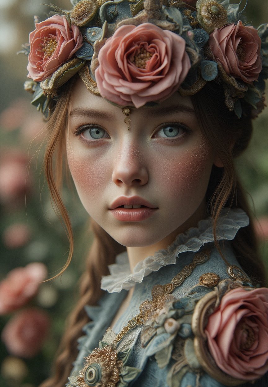 A stunning photorealistic portrait of a breathtakingly beautiful girl gazes directly into the camera's lens from a tight, close-up shot. Her porcelain doll-like complexion and luscious locks are set against a lush backdrop of ancient flowers in full bloom within a serene garden, as if transported straight from a mythical realm.