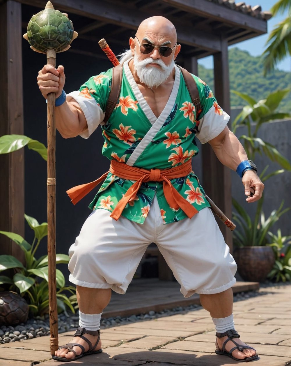 Full_body, Realistic photo of Master Roshi, ((dwarf)), Reference anime Dragon Ball, He wearing a ((casual holiday hawaiian shirt)), ((white shorts))) and wearing a (((Turtle Shell on his back))). He usually holding a ((turtle wizard wooden stick)). fighting pose, futuristic background, highly detailed, high resolution, intricate details, action_pose, kung fu stance, best quality, masterpiece, , MikieHara,ABMavatar, anime,cyberpunk style, 