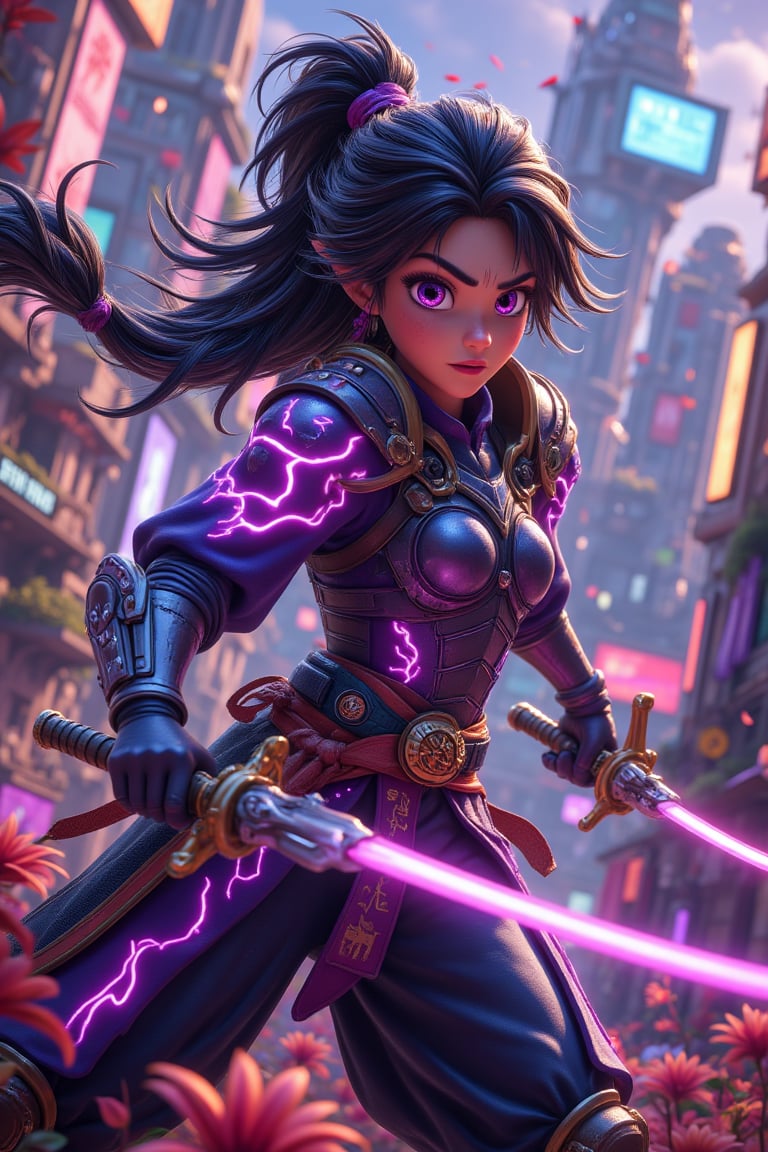 Design an epic anime-style warrior, a master of dual-wielding katanas, set in a futuristic dystopian city. The character should wear a mix of traditional samurai armor with high-tech elements, such as glowing energy lines and cybernetic enhancements. Create a dynamic pose with flowing hair and glowing eyes, capturing the intensity of battle. The background should reflect a neon-lit skyline with towering skyscrapers.