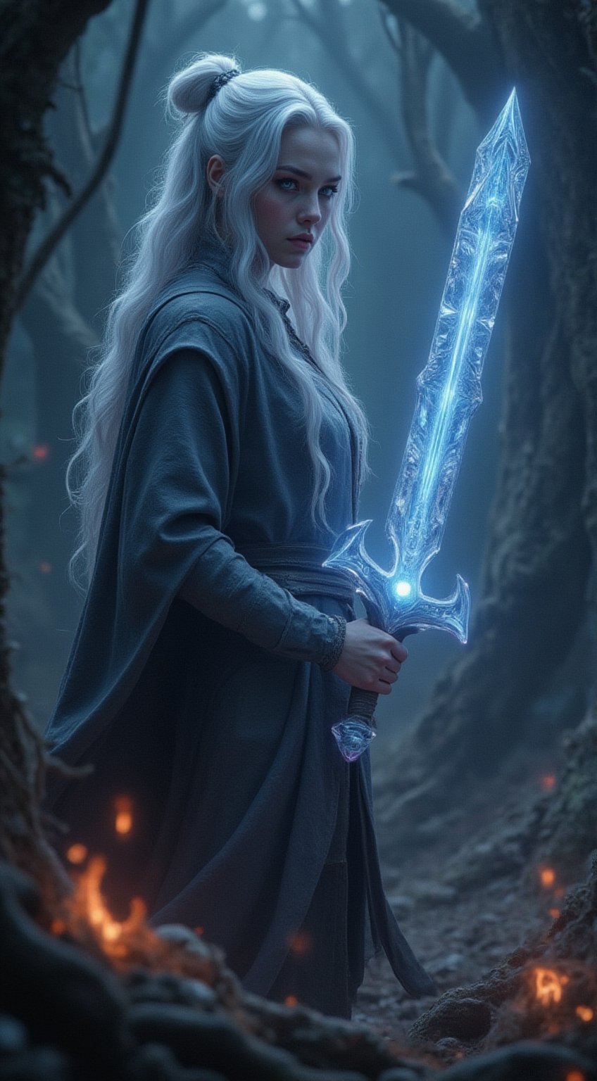 A majestic silver-haired warrior stands victorious in a dynamic pose, her radiant locks cascading down her back like a river of moonlight. In her hand, she wields a shimmering transparent glass-crystal sword that glows with an ethereal light, its delicate facets refracting the surrounding illumination into a kaleidoscope of colors. The framing is tight, focusing attention on the warrior's powerful stance and glowing weapon, set against a dark or misty backdrop to emphasize her heroic presence.