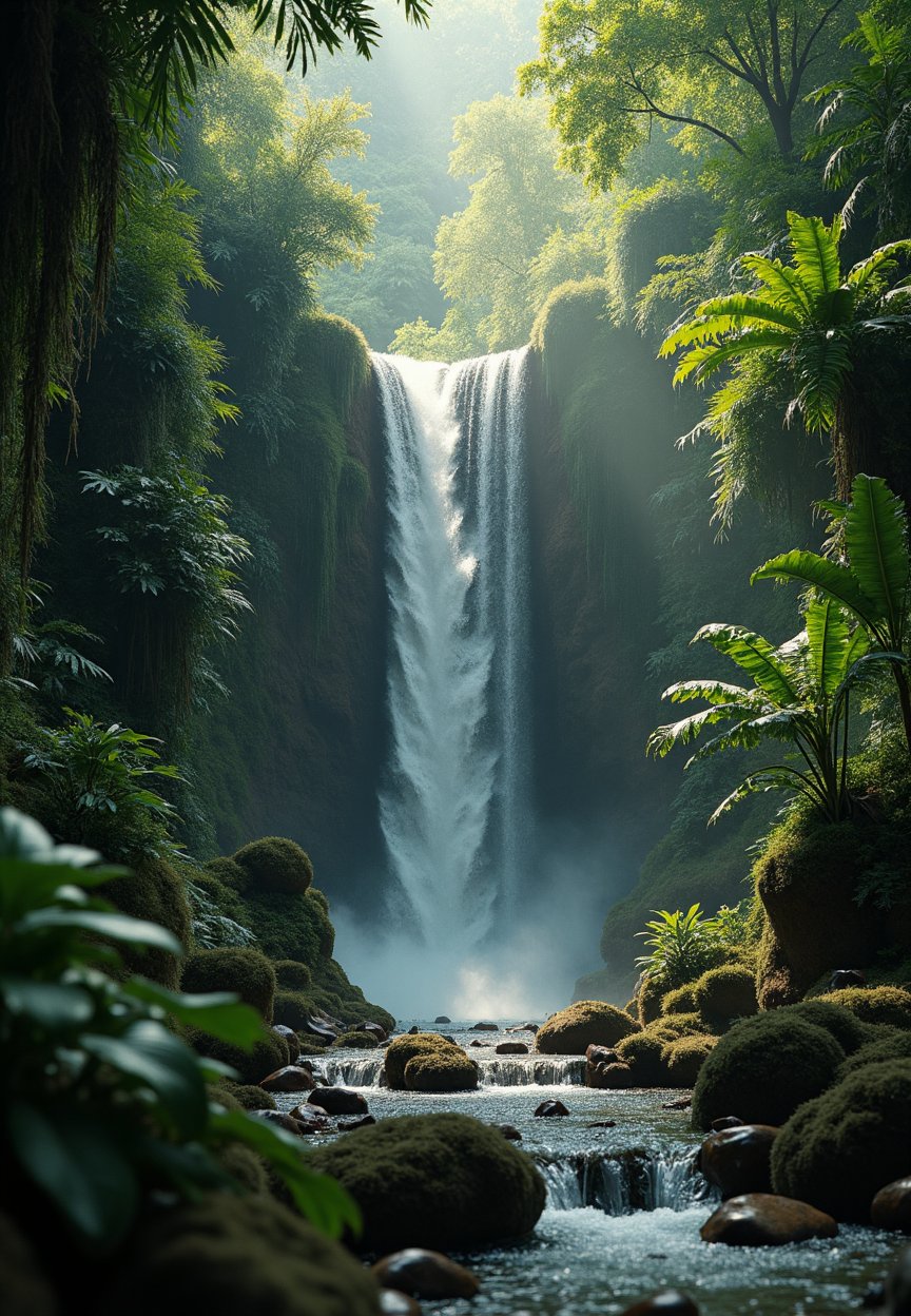 A serene waterfall cascades down moss-covered rocks within a dense jungle atmosphere. Dappled sunlight filters through the lush green canopy above, casting intricate patterns on the forest floor. A misty veil rises from the water's edge, surrounded by vibrant tropical foliage and exotic plants.