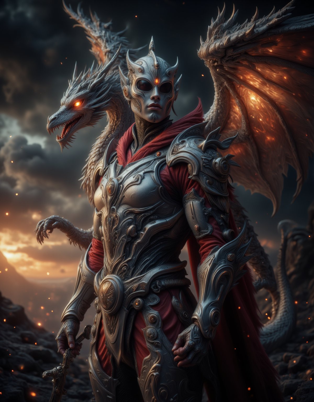 A majestic armoured knight stands vigilantly, adorned in gleaming steel and crimson trim, as a mighty guardian dragon rises behind him. The knight's gaze is fixed on the horizon, his hand grasping a sword hilt, while the dragon's wings spread wide, illuminating the darkening sky with fiery hues. The foreground showcases the knight's imposing figure, set against a dramatic background of clouds and flames.,FluxBoost,The Guardian DRagon,Fantasy detailers,Midjourney_Whisper,Fantasy detailers 