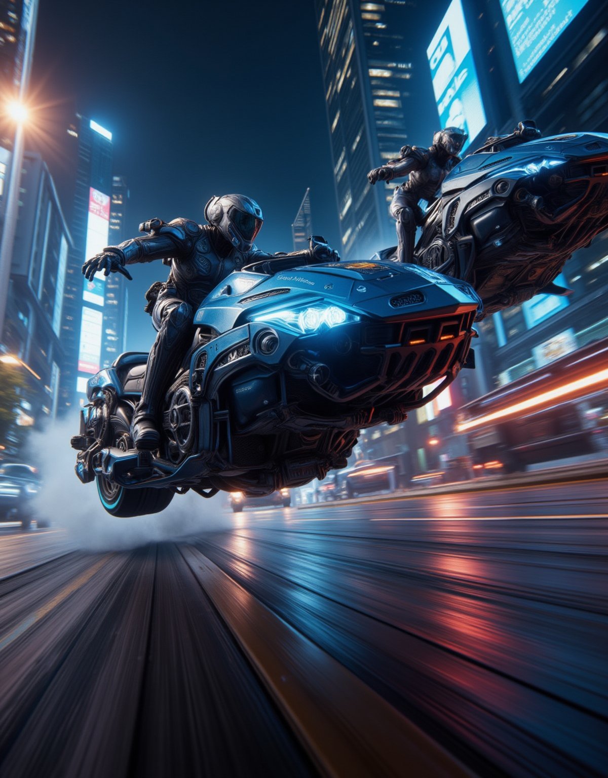 low-angle shot, dynamic view, Futuristic hoverbikes with dynamic pose race through a neon-lit city at breakneck speeds, dodging traffic as they engage in a high-tech pursuit.