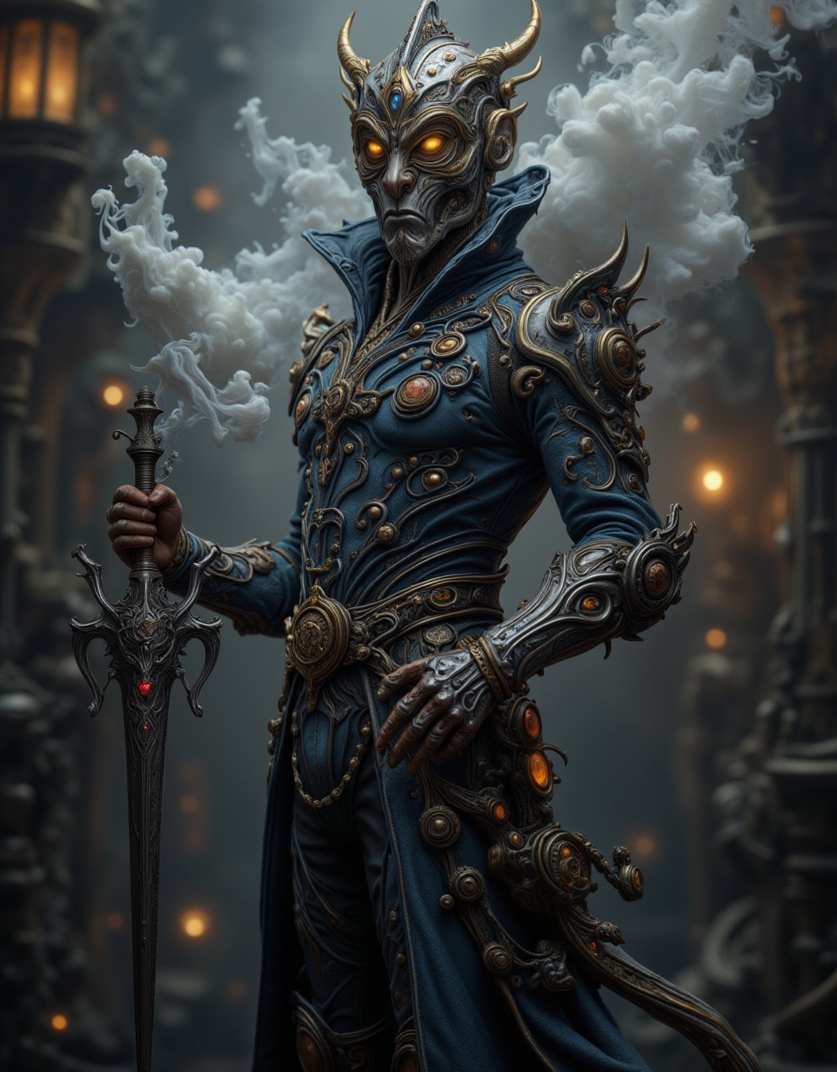 A mysterious, bespectacled alchemist stands amidst a swirling vortex of steam and smoke, eyes aglow with an otherworldly intensity. His long coat power armour is adorned with brass buttons and intricate copper filigree, as he grasps a demonic-looking sword with a dark, eye gemstone-encrusted hilt. The air is thick with the scent of sulfur and oil, as gears and clockwork mechanisms whir to life in the background.