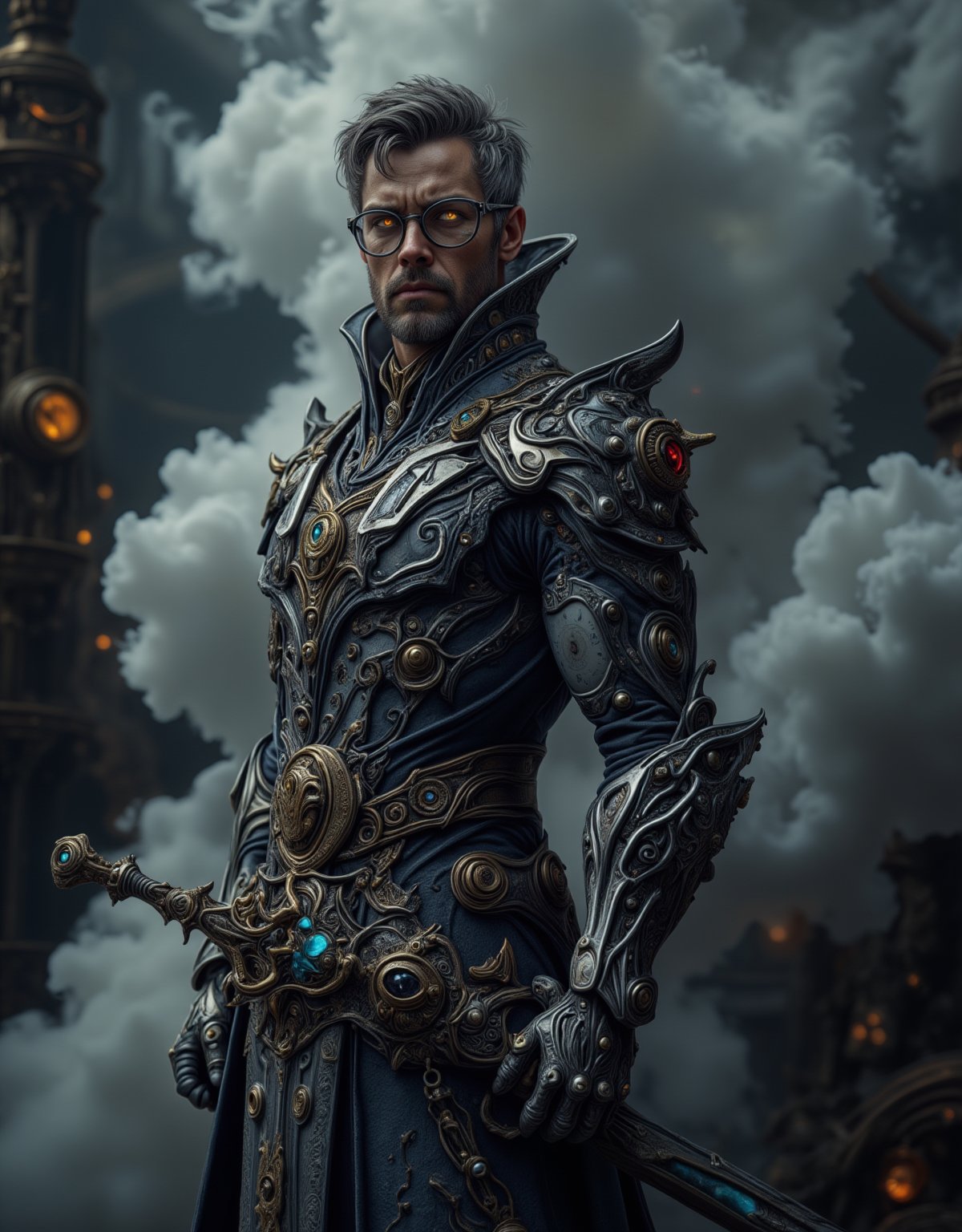 A mysterious, bespectacled alchemist stands amidst a swirling vortex of steam and smoke, eyes aglow with an otherworldly intensity. His long coat power armour is adorned with brass buttons and intricate copper filigree, as he grasps a demonic-looking sword with a dark, eye gemstone-encrusted hilt. The air is thick with the scent of sulfur and oil, as gears and clockwork mechanisms whir to life in the background.