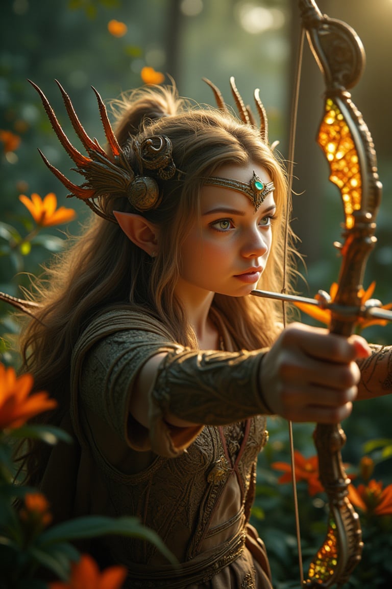 In a cinematic close-up, the camera captures the breathtaking beauty of an elf archer from a low-angle shot, as if looking up at them through a lush canopy. The setting sun casts a warm, golden light on her flawless features, with intricate details rendered in high definition. Her eyes sparkle like gemstones, and her skin glows with a subtle sheen. The crystal bow, adorned with colorful glasswork, seems to radiate an inner light, as if infused with magic. In the background, glowing flowers and plants surround her, their delicate textures and vibrant colors visible in stunning detail. Every element – from the elf's hair to the surrounding foliage – is sharply focused, with no blur or mist obscuring the view. The result is a masterpiece of ultra-realistic photography, transporting viewers into an epic fantasy realm.