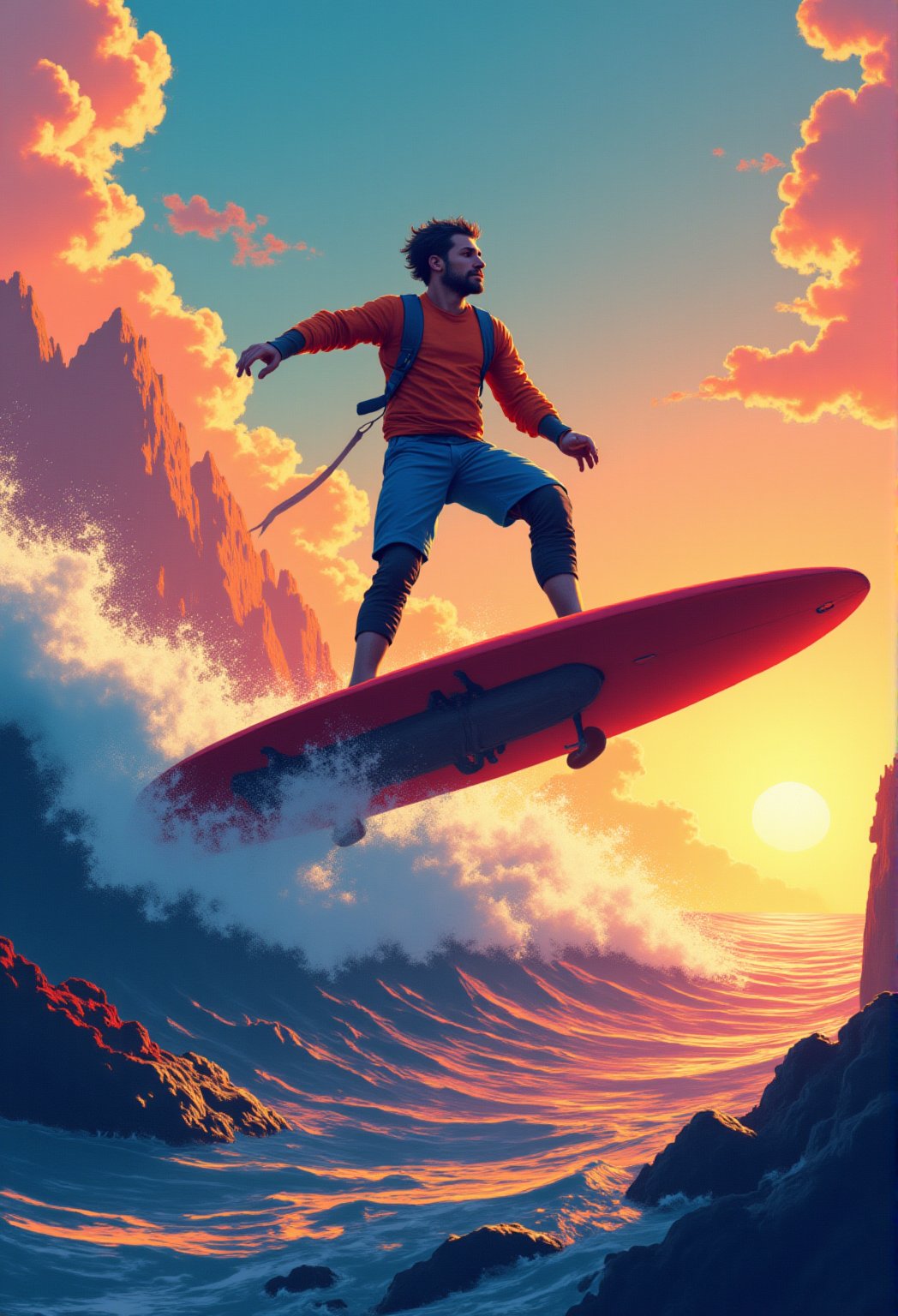 Surfboards with magnetic technology that allow for tricks and maneuvers not possible with traditional boards, riding on magnetically controlled waves.cartoonish 3D painting