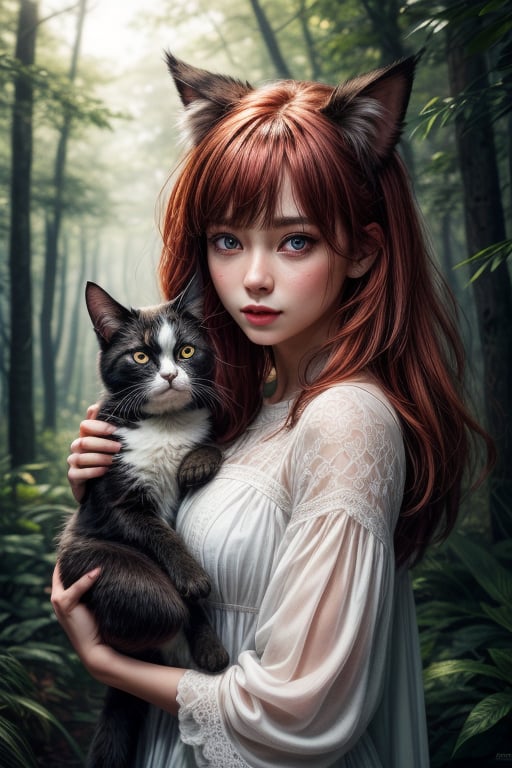 best quality, detailed face, full figure, a half-hybrid girl holding a cat, she has ears like a cat and a tail like a cat, the rest of her body is human, she has beautiful red hair, a beautiful symmetrical face with an innocent cut, she is in the forest, she has beautiful black eyes, she is with other animals, glowing particle,
symmetrical, vibrant, style artwork, highly detailed CG, 8k wallpaper, beautiful face, full scene, full body shape, high_res, blue and white dress,