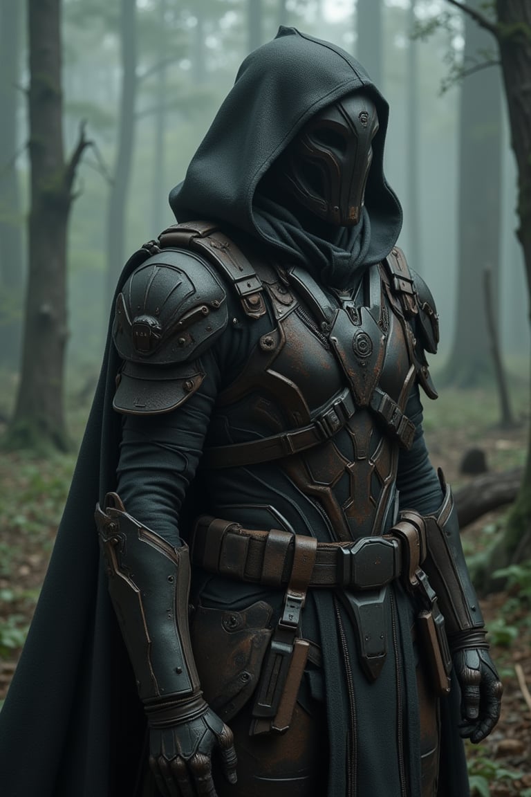 A lone figure emerges from the mist-shrouded forest, clad in rusted, ornate armor that seems to belong to a bygone era. The wanderer's face is obscured by a hood, their eyes fixed on some distant point as they navigate the treacherous terrain. Powerful energies coursing through their veins, yet their mind remains shrouded in mystery, devoid of any recollection of their past or the source of their abilities.