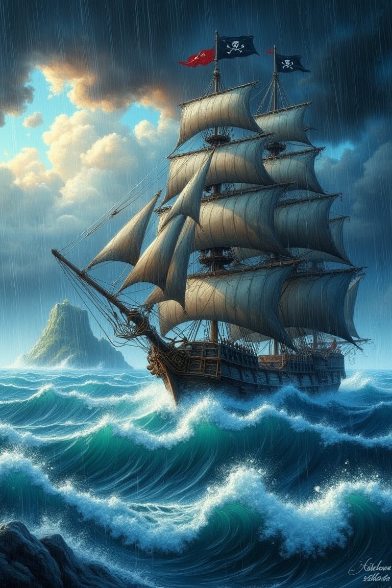 a pirate ship sail in turbulance wavy ocean, rainy, storm, island,AbmoilPainting