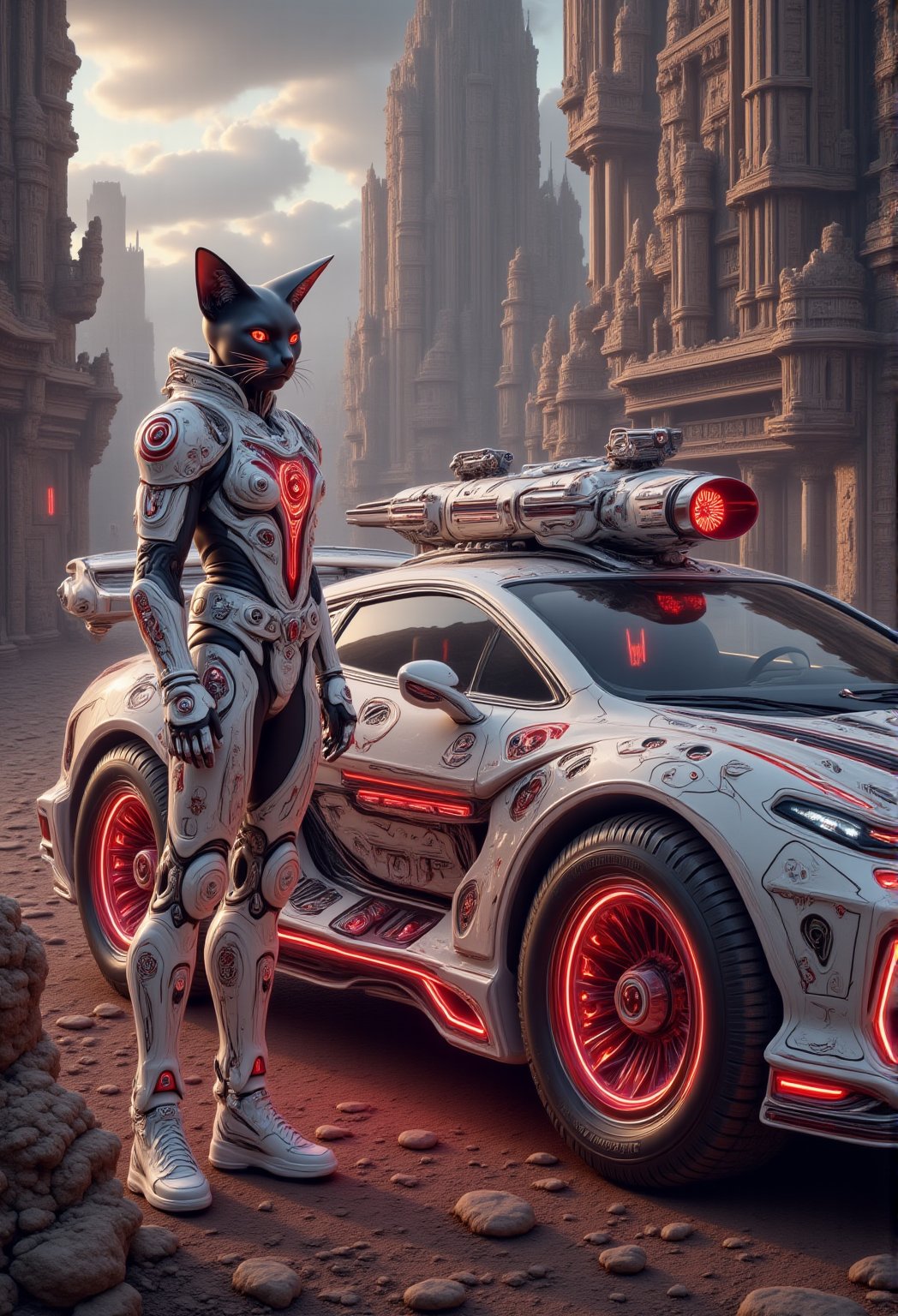 A sleek anthropomorphic male black cat stands heroic beside a high-tech armored car, adorned with intricate patterns and vibrant red neon accents, against the backdrop of an otherworldly cityscape. The cat's ears perk up as he proudly wears an elaborate white porcelain with vibrant red neon accents armor suit, juxtaposed against the dark bronze hues of the urban landscape. The futuristic car's glossy black body seems to absorb the dim light, while the surrounding cityscape glows with a soft, ethereal luminescence.Anime 3D CGI-ABM,Hightech Car