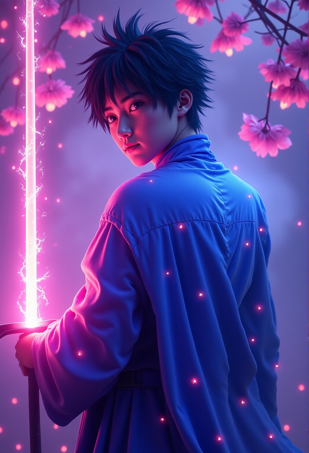 In this breathtaking photograph, a majestic young man with striking red eyes and spiky black hair stands confidently amidst a whimsical atmosphere. He dons glowing blue and purple armor, its delicate plates glistening in the twilight. neon Cherry blossoms gently float down from above, blending seamlessly with the foggy backdrop. His face, illuminated by studio lighting, turns towards the viewer, radiating an air of mystery. Holding his sword with electrical arcing, he exudes elegance and power. The overall effect is a photorealistic masterpiece that transports us to a fantastical realm.Anime 3D CGI-ABM,FluxBoost