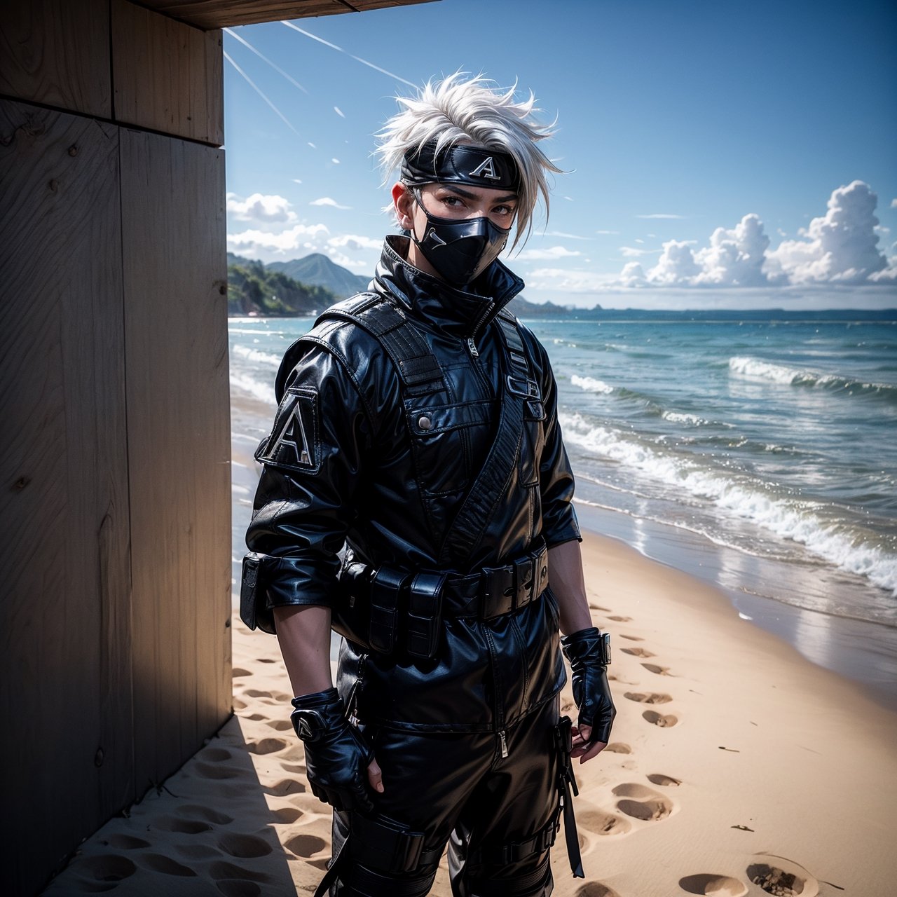 (masterpiece), full_body,1man, spiky hair, white hair, wearing fit tactical ninja flak jacket, leather tactical ninja full mouth mask, leather gloves, and his (((tactical headband with a letter ("A") symbol))), scenery, (at beach background), sparkle, Kakashi Hatake