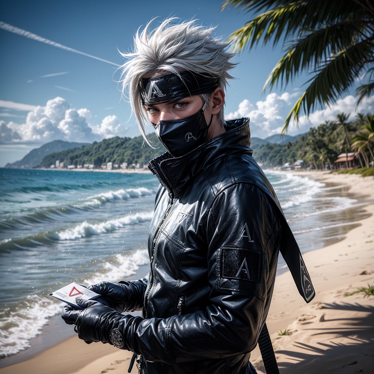 (masterpiece), full_body,1man, spiky hair, white hair, wearing fit tactical ninja flak jacket, leather tactical ninja full mouth mask, leather gloves, and his (((tactical headband with a letter ("A") symbol))), scenery, (at beach background), sparkle, Kakashi Hatake