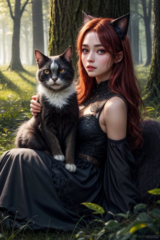 best quality, detailed face, full figure, a half-hybrid girl holding a cat, she has ears like a cat and a tail like a cat, the rest of her body is human, she has beautiful red hair, a beautiful symmetrical face with an innocent cut, she is in the forest, she has beautiful black eyes, wearing an elegant long dress, she is with other animals, glowing particle,
symmetrical, vibrant, style artwork, highly detailed CG, 8k wallpaper, beautiful face, full scene, full body shape, high_res,