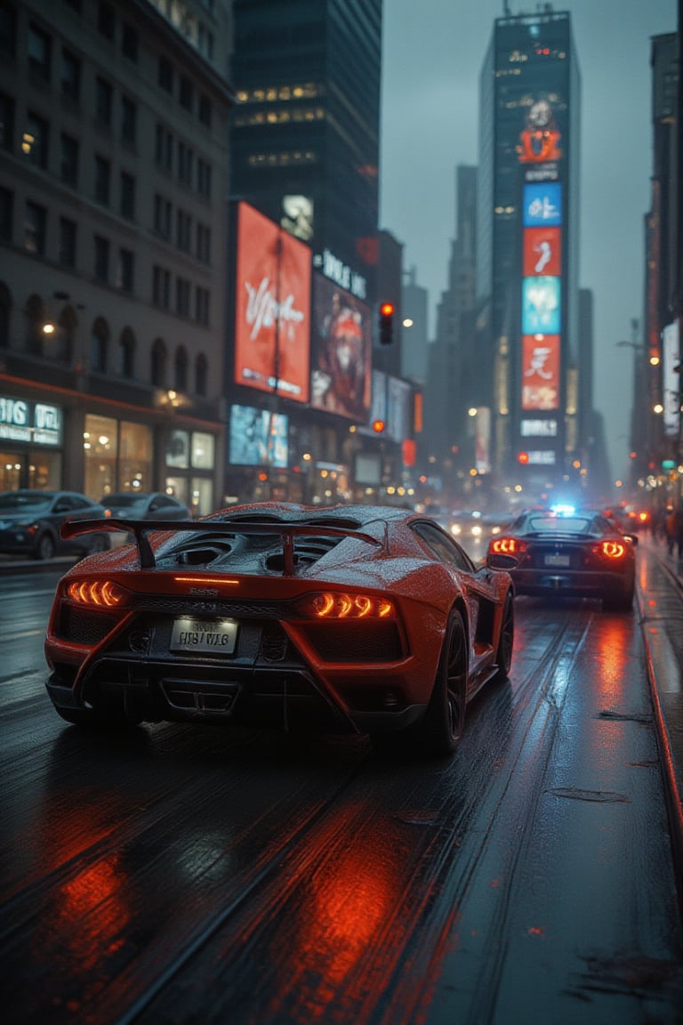 skilled thieves speeds through a bustling city at night in luxury supercars. Skyscrapers with reflective glass blur as the cars drift around corners, tires screeching on the wet streets. The police pursuit behind them intensifies, while neon signs and streetlights cast vivid reflections off the rain-slicked asphalt, giving the entire scene an energetic, high-stakes atmosphere. ground-angle shot,