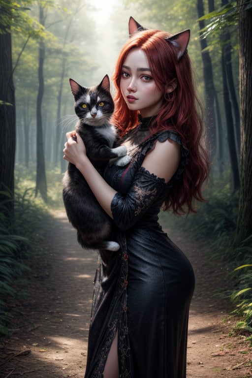 best quality, detailed face, full figure, a half-hybrid girl holding a cat, she has ears like a cat and a tail like a cat, the rest of her body is human, she has beautiful red hair, a beautiful symmetrical face with an innocent cut, she is in the forest, she has beautiful black eyes, she is with other animals, glowing particle,
symmetrical, vibrant, style artwork, highly detailed CG, 8k wallpaper, beautiful face, full scene, full body shape, high_res,