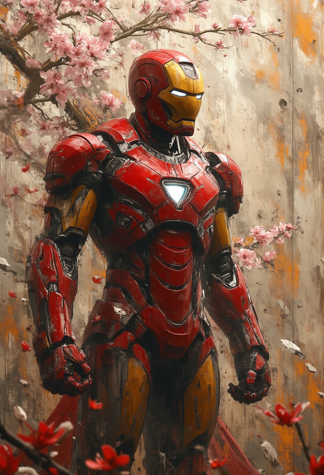 The image showcases a beautifully stylized figure reminiscent of Iron Man, reimagined through the lens of traditional Japanese art. Clad in an intricately detailed suit of armor, the figure retains the signature red and gold hues, with finely crafted mechanical components and a softly glowing arc reactor at its core. The powerful, heroic stance is juxtaposed with delicate cherry blossom branches swirling gracefully around the figure, infusing the scene with a tranquil, almost ethereal atmosphere. This fusion of futuristic technology and classical Japanese aesthetics creates a striking balance between serenity and strength, capturing both the elegance of nature and the precision of advanced machinery.justart01