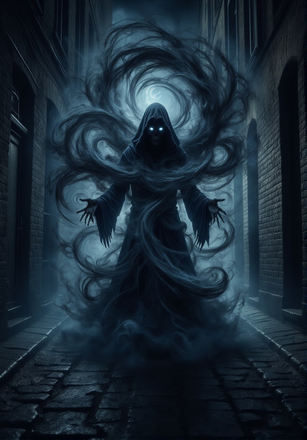 A dark alleyway at midnight, a lone figure shrouded in shadows, eyes aglow with an otherworldly intensity as they conjure forth a swirling vortex of darkness. The sorcerer's robes billow behind them like smoke, as if fueled by the very essence of night itself. Shadowy tendrils writhe and twist, taking form as skeletal constructs that dance at their command, while the air thickens with an aura of foreboding, as if the night itself has become a tangible entity., DarkAura