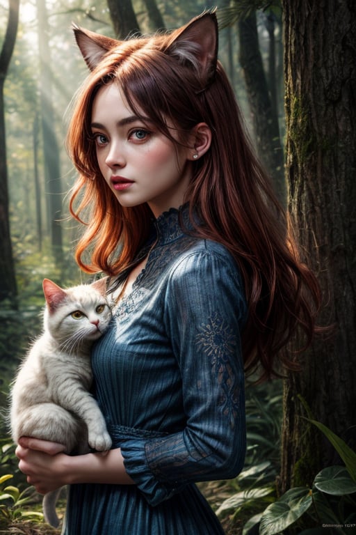 best quality, detailed face, full figure, a half-hybrid girl holding a cat, she has ears like a cat and a tail like a cat, the rest of her body is human, she has beautiful red hair, a beautiful symmetrical face with an innocent cut, she is in the forest, she has beautiful black eyes, she is with other animals, glowing particle,
symmetrical, vibrant, style artwork, highly detailed CG, 8k wallpaper, beautiful face, full scene, full body shape, high_res, blue dress,