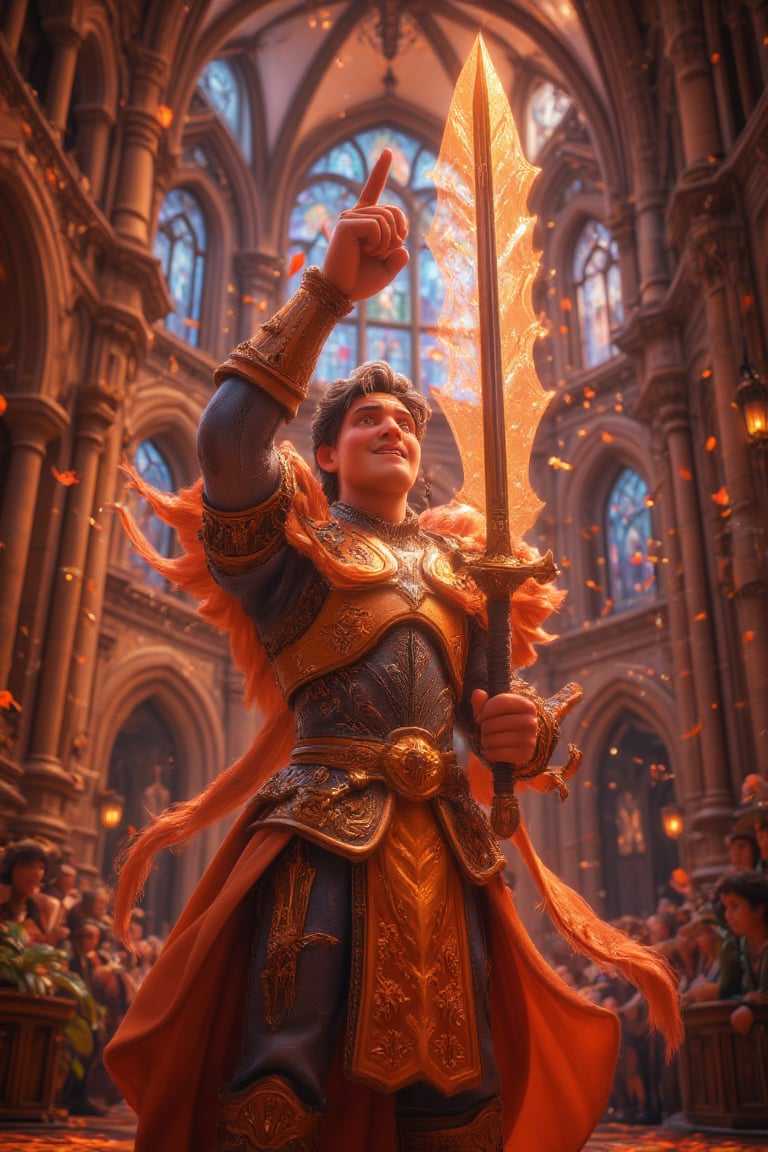 A paladin stands victorious, divine energy emanating from his very presence as he holds aloft a radiant sword that shines like the sun. The air is filled with an otherworldly glow within the majestic walls of a grand cathedral, its stained glass windows refracting hues of gold and blue, as warm sunlight streams through, casting a sense of serenity.