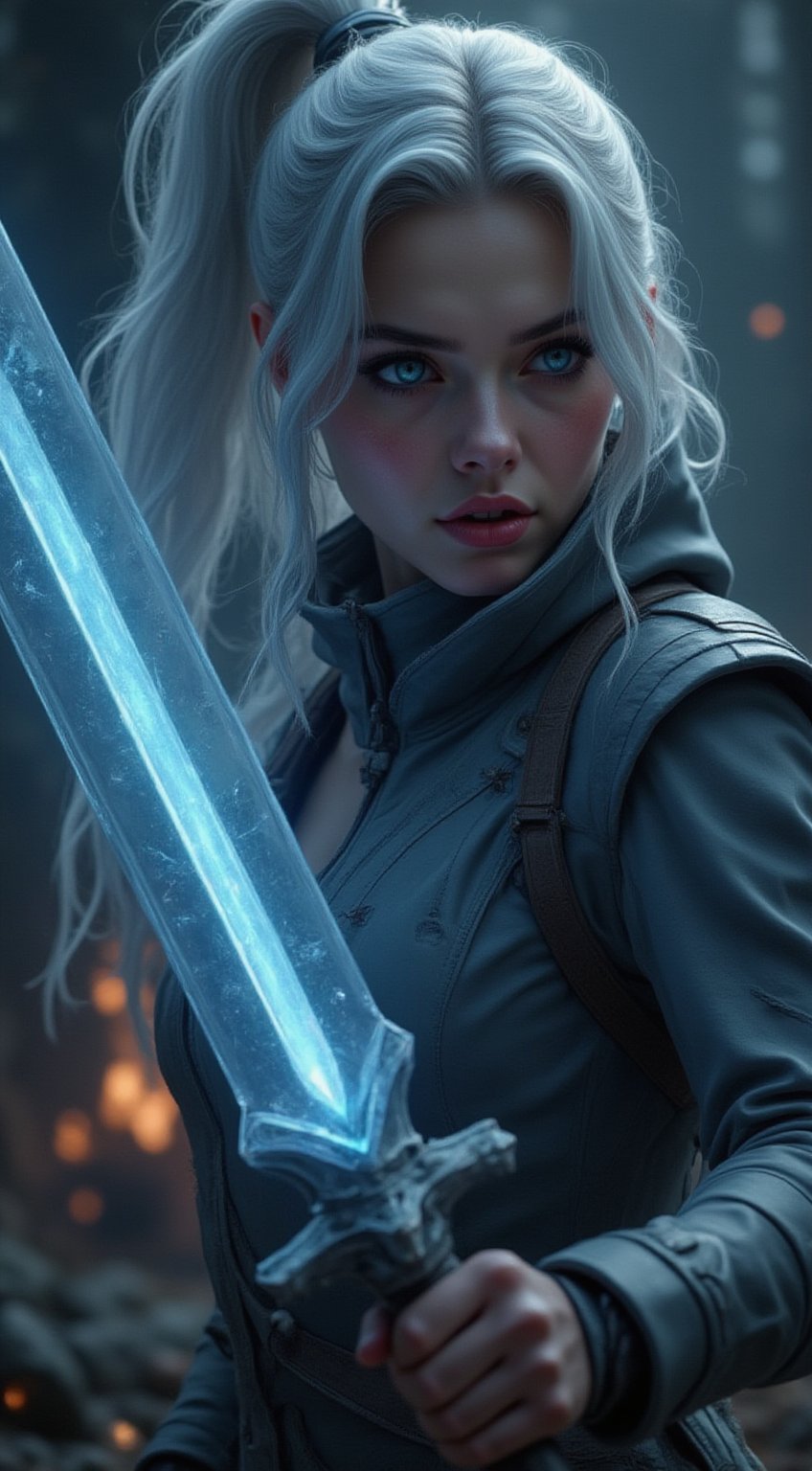 A majestic silver-haired warrior assumes a fierce fighting pose, radiating power as she wields a shimmering transparent glass crystal sword. The dynamic composition captures her in mid-stride, with the crystal sword's gentle glow illuminating her determined expression and striking a bold contrast against the surrounding environment.Imp'roveBG,FluxBoost,Silver hair,Crystal Sword,