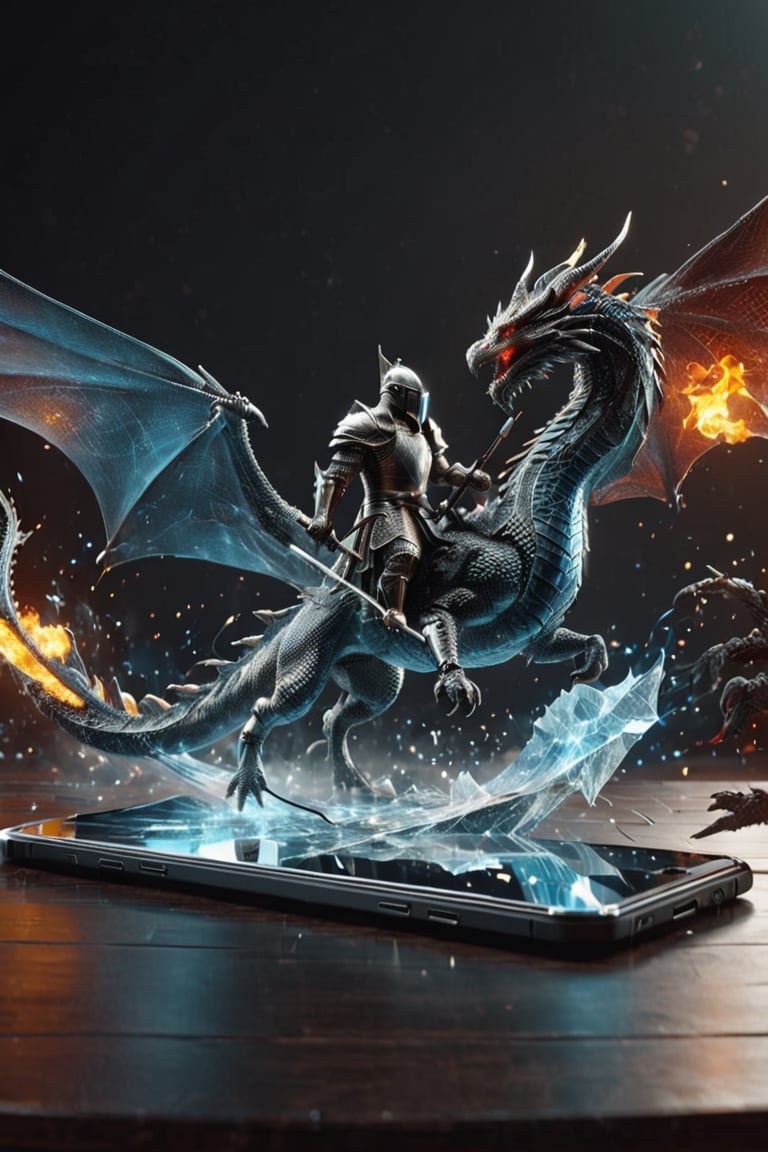 (((3D digital hologram))), a smatphone placed flat on a table,  a warrior with a spear is battling a dragon, out on top of smartphone screen,(emerging from a smartphone:1.5), .,3D Mesh,knight&dragon