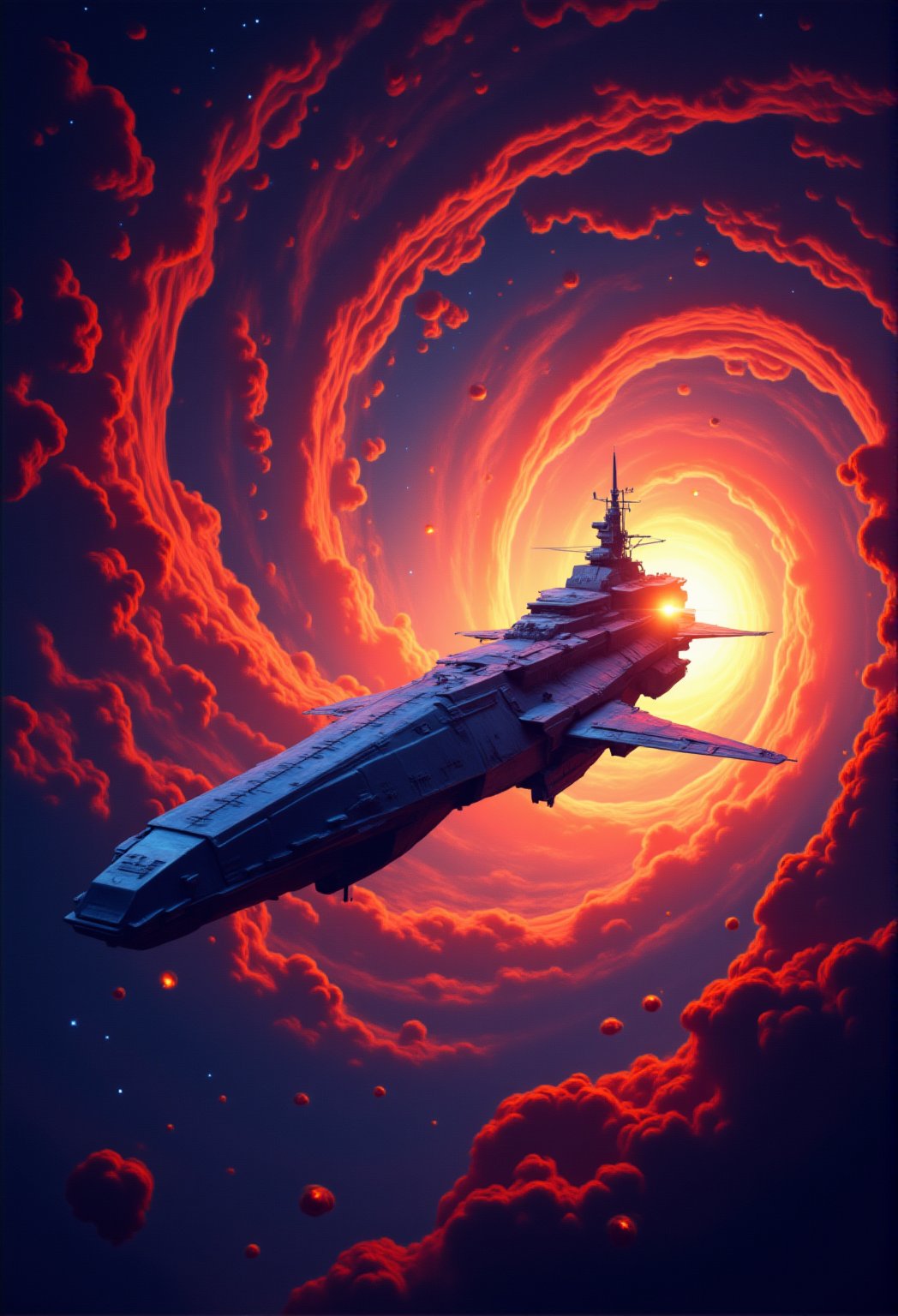 CGI animation of a majestic space battleship, 'Aurora's Hope', piercing the veil of reality as it enters a mesmerizing twister-like wormhole. The swirling vortex is illuminated by a kaleidoscope of stars and gases, casting an ethereal glow on the battleship's sleek surface. The ship's hull glistens with metallic sheen as it navigates the treacherous tunnel, surrounded by a maelstrom of cosmic debris and swirling stellar matter.,cartoonish 3D painting