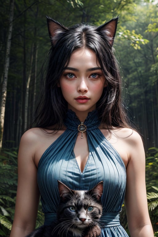 best quality, detailed face, full figure, a half-hybrid girl holding a cat, she has ears like a cat and a tail like a cat, the rest of her body is human, she has beautiful black hair, a beautiful symmetrical face with an innocent cut, she is in the forest, she has beautiful blue eyes, she is with other animals, glowing particle,
symmetrical, vibrant, style artwork, highly detailed CG, 8k wallpaper, beautiful face, full scene, full body shape, high_res, blue dress,