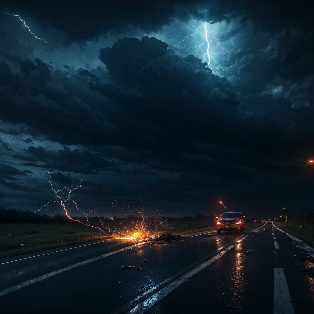 action scene, car chased by tornado, hurricane, flying debris, flying small piece of woods scattered around, broken house, car on road, highway, raining storm, strong wind, masterpiece, realistic, highres, dark atmosphere, dark sky,