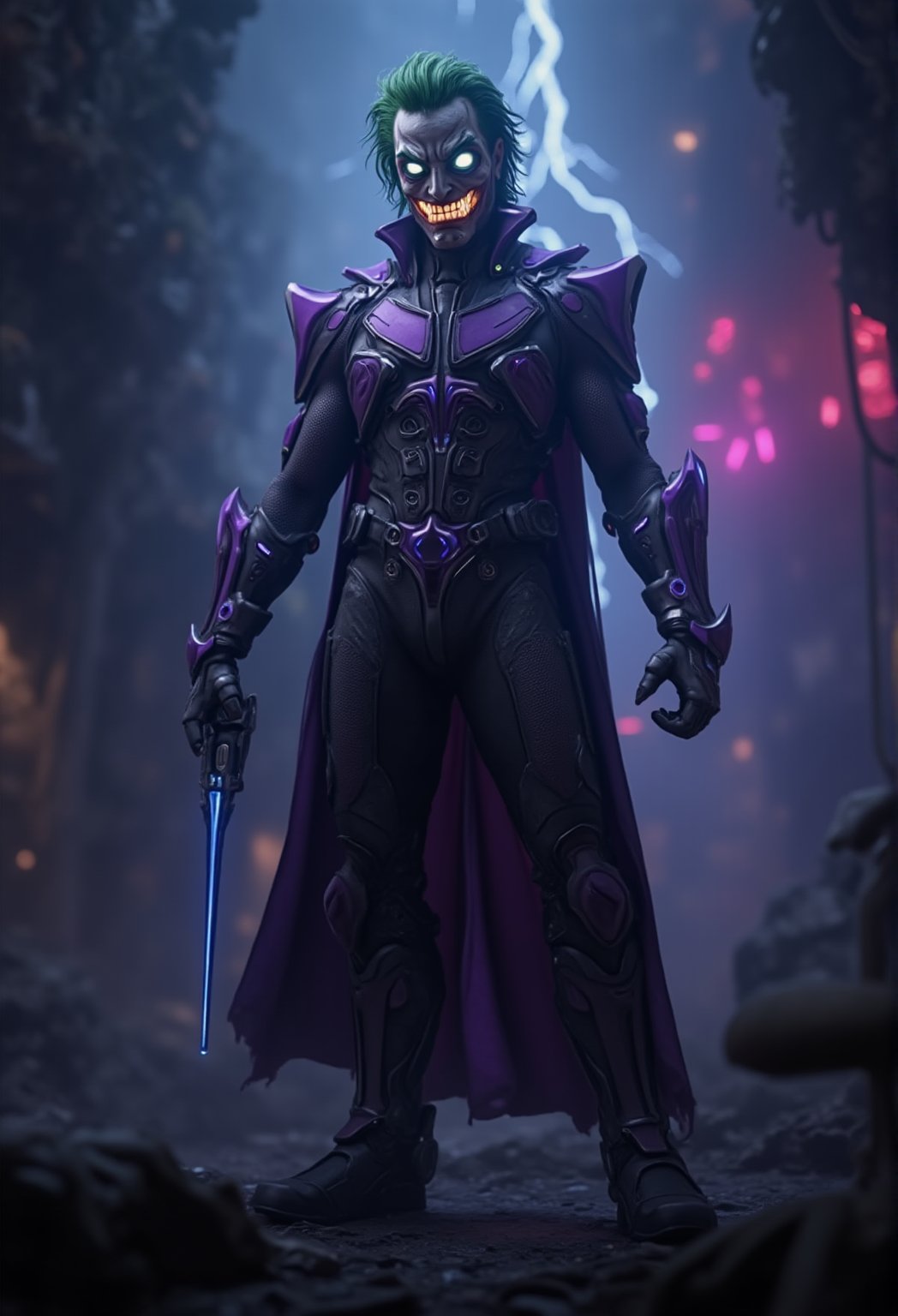 A dystopian metropolis shrouded in neon-lit darkness, the Joker emerges as a menacing figure, (encased in a sleek, high-tech armor suit) that accentuates his unhinged demeanor. He stands tall, holding akimbo, surveying the cyberpunk cityscape with an air of malevolent superiority. Flickering lightning illuminates the darkened atmosphere, casting an eerie glow on the Joker's maniacal grin. FluxBoost,CGI 3D Animation,myth Dark Purple SR