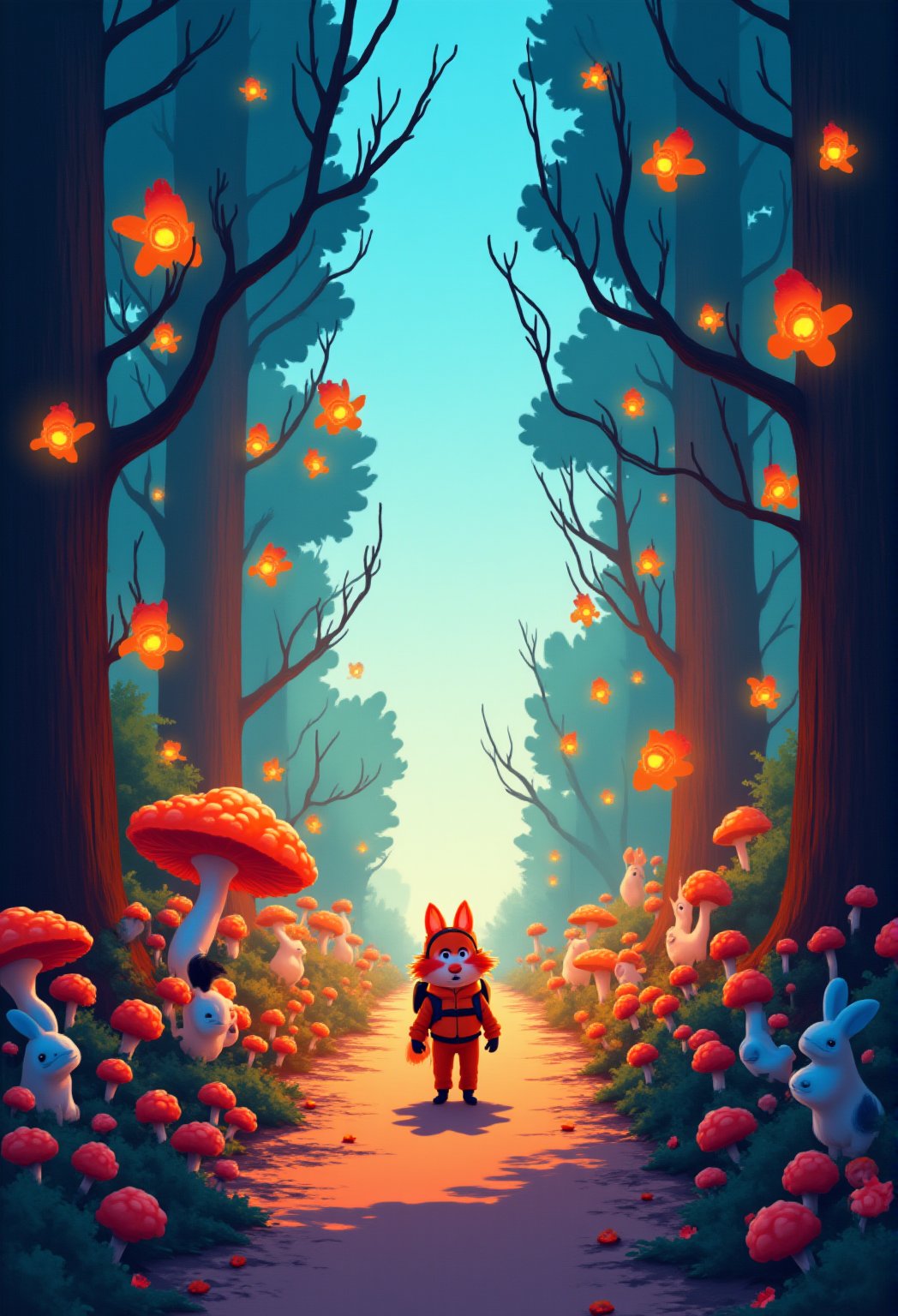 An illustration of a lively forest filled with colorful, smiling animals like rabbits, birds, and squirrels. A small cartoon fox wearing a backpack leads the way through the trees, with oversized mushrooms and glowing fireflies lighting up the path. The trees have exaggerated, curly branches, and the sky is a soft, pastel blue..cartoonish 3D painting