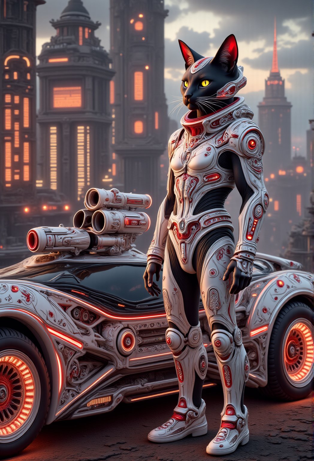 A sleek anthropomorphic male black cat stands heroic beside a high-tech armored car, adorned with intricate patterns and vibrant red neon accents, against the backdrop of an otherworldly cityscape. The cat's ears perk up as he proudly wears an elaborate white porcelain with vibrant red neon accents armor suit, juxtaposed against the dark bronze hues of the urban landscape. The futuristic car's glossy black body seems to absorb the dim light, while the surrounding cityscape glows with a soft, ethereal luminescence.Anime 3D CGI-ABM,Hightech Car