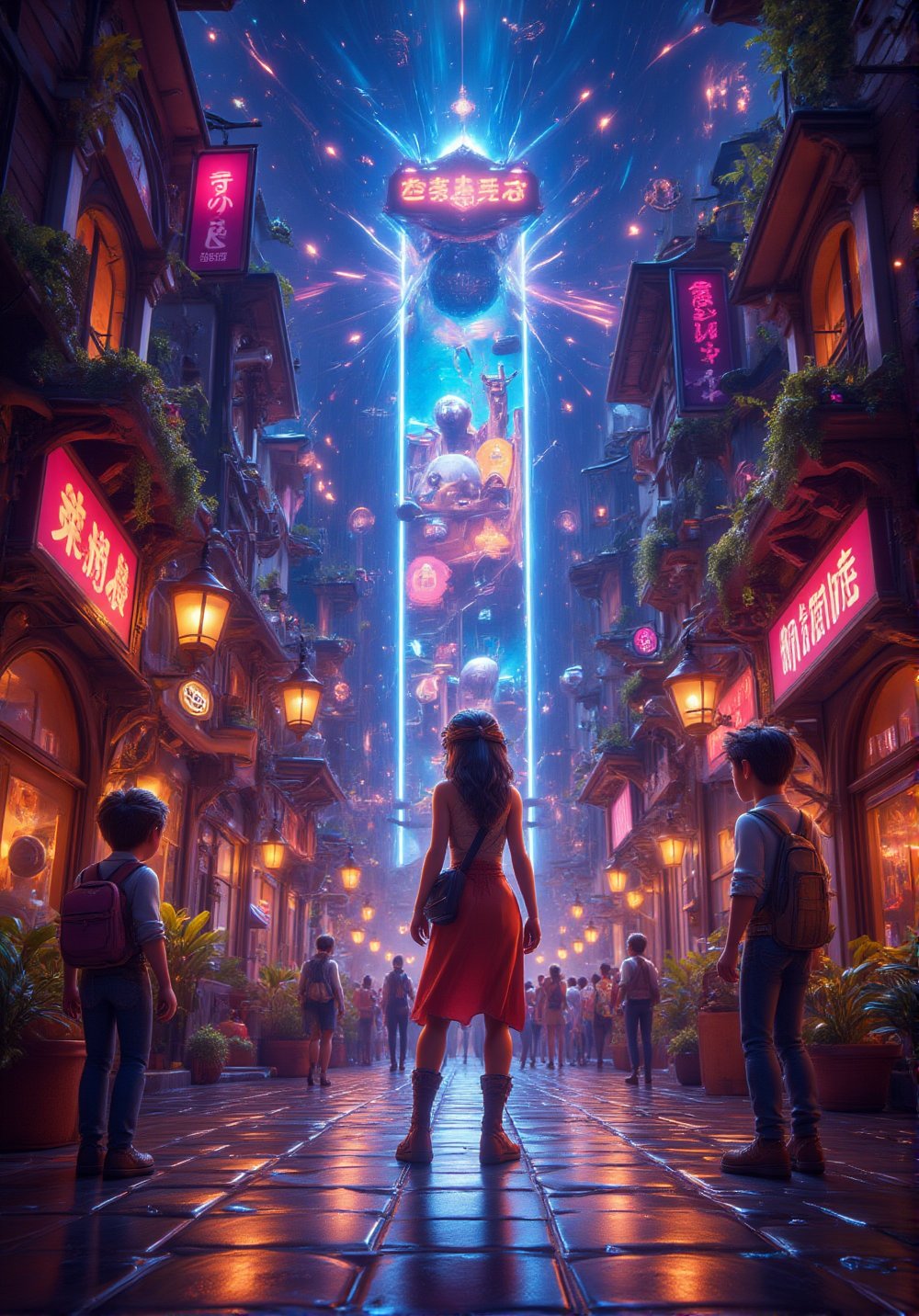 3d vibrant cartoon art Illustrate A dystopian marketplace in the rain, bustling with people in futuristic attire, vivid holographic advertisements flashing above, and neon reflections on the wet pavement.