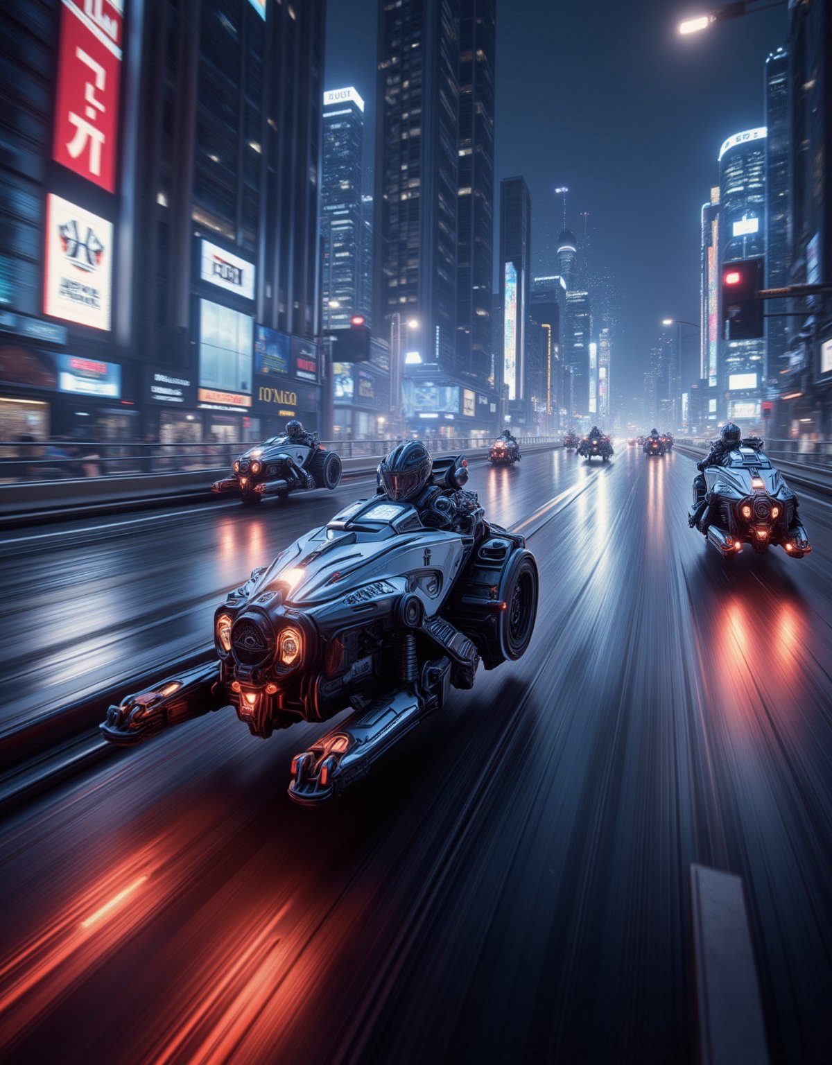 low-angle shot, dynamic view, Futuristic hoverbikes race through a neon-lit city at breakneck speeds, dodging traffic as they engage in a high-tech pursuit.