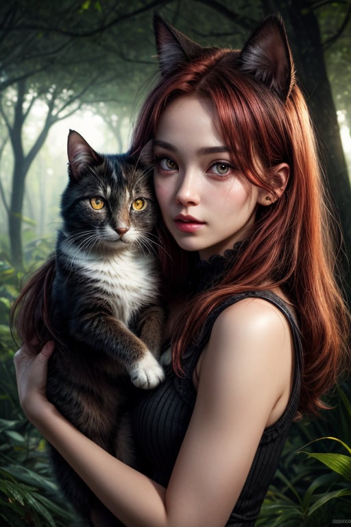 best quality, detailed face, full figure, a half-hybrid girl holding a cat, she has ears like a cat and a tail like a cat, the rest of her body is human, she has beautiful red hair, a beautiful symmetrical face with an innocent cut, she is in the forest, she has beautiful black eyes, she is with other animals, glowing particle,
symmetrical, vibrant, style artwork, highly detailed CG, 8k wallpaper, beautiful face, full scene, full body shape, high_res,