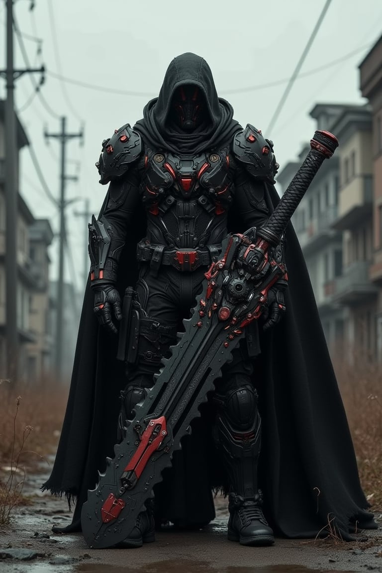 A dark , imposing figure clad in a black, hooded cloak stands in a dystopian urban environment, (((wielding an enormous, highly detailed mechanical massive chainsaw-like sword with red accents covered in intricate mechanical parts, gears, and spikes, giving it a menacing appearance))). (((The figure's face is obscured by the hood))), adding to the mysterious and intimidating presence. The background features dilapidated buildings and power lines, under a gray, overcast sky, enhancing the bleak and industrial atmosphere of the scene. The overall image exudes a sense of power, danger, and post-apocalyptic readiness. ultra-realistic, ultra-detailed,
,F-GVA Armour Suit