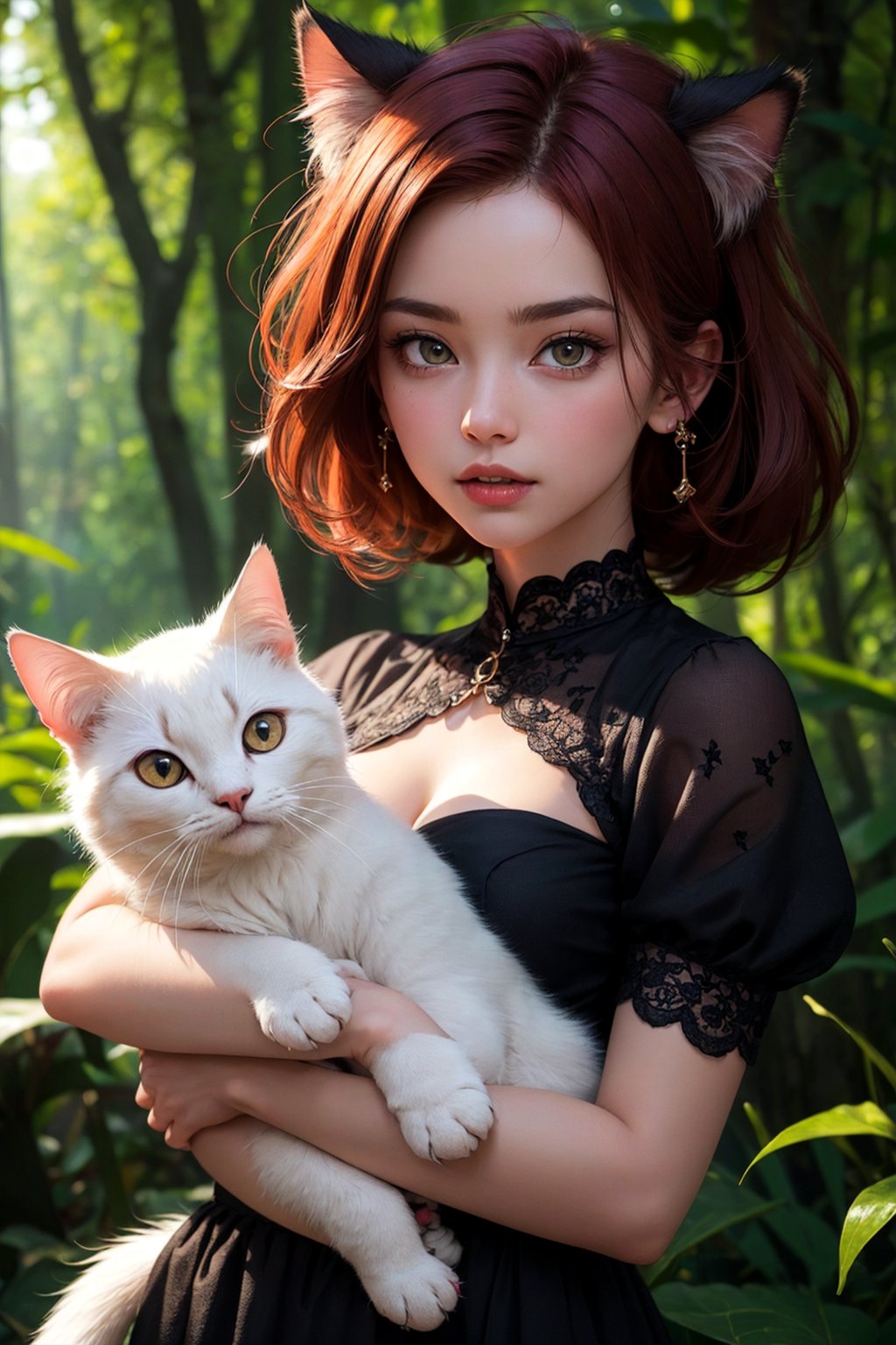 best quality, detailed face, full figure, a half-hybrid girl with a cat, she has ears like a cat and a tail like a cat, the rest of her body is human, she has beautiful red hair, a beautiful symmetrical face with an innocent cut, she is in the forest, she has beautiful black eyes, wearing a elegant black long dress, she is with other animals, glowing particle,
symmetrical, vibrant, style artwork, highly detailed CG, 8k wallpaper, beautiful face, full scene, full body shape