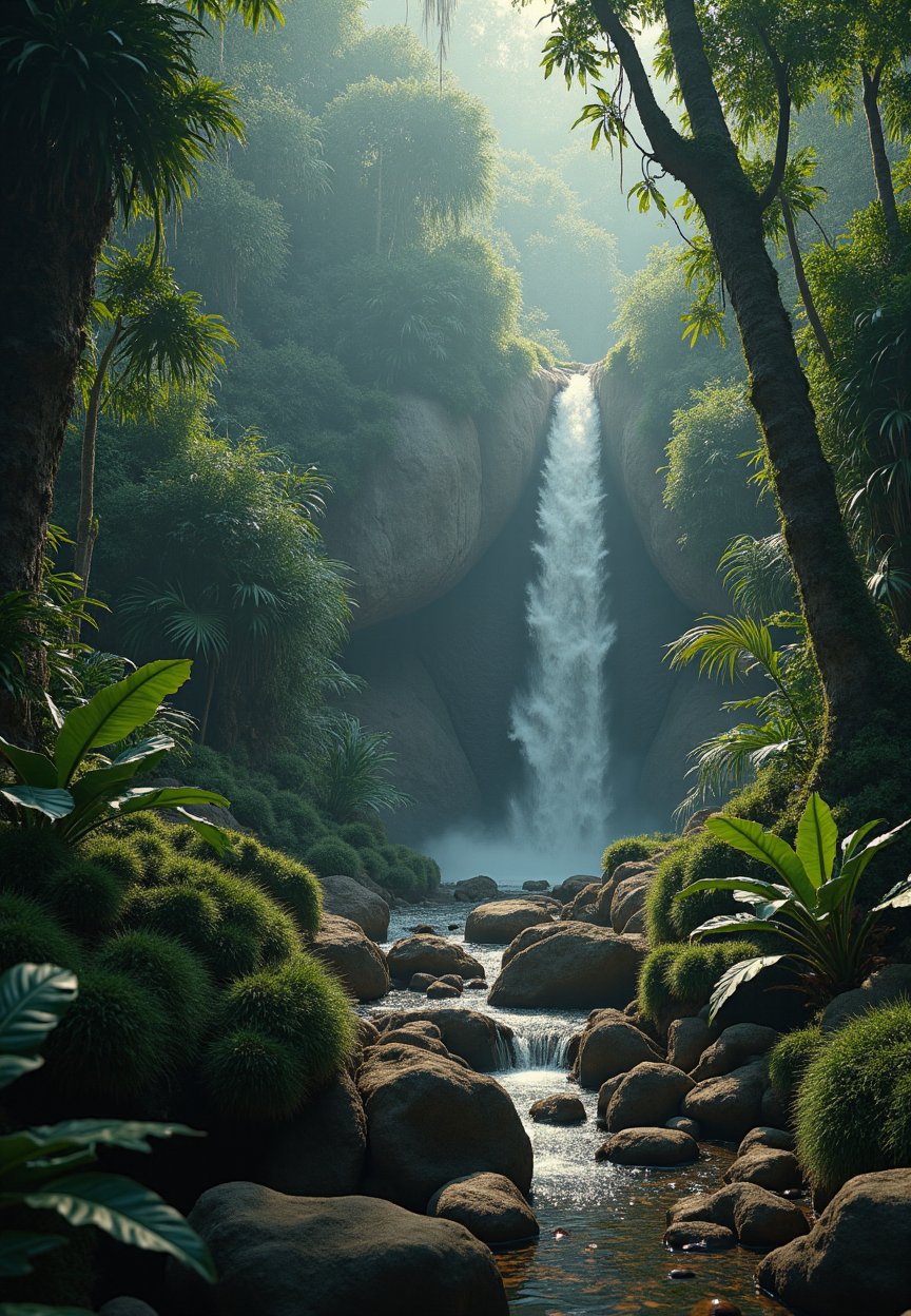 A serene waterfall cascades down moss-covered rocks within a dense jungle atmosphere and jungle flower. Dappled sunlight filters through the lush green canopy above, casting intricate patterns on the forest floor. A misty veil rises from the water's edge, surrounded by vibrant tropical foliage and exotic plants.