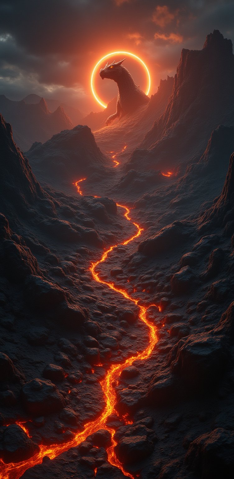 A Dragon Emerging from a Volcano During an Eclipse: A volcanic landscape with rivers of molten lava flowing through jagged rock formations. A massive dragon with obsidian scales rises from the volcanic crater, silhouetted against a solar eclipse.