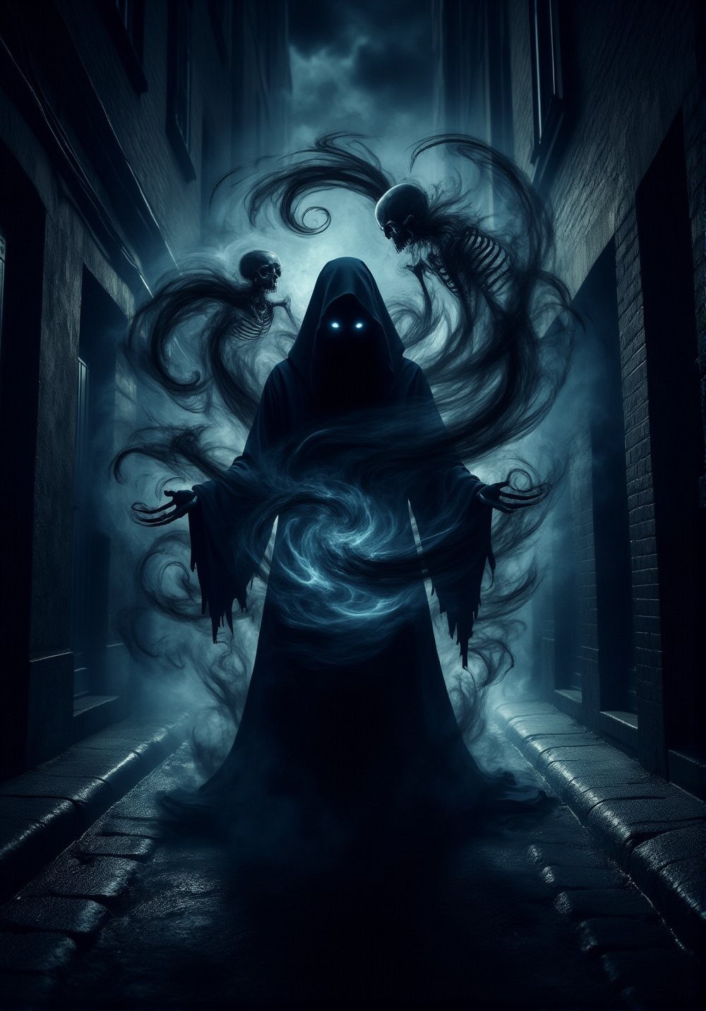 A dark alleyway at midnight, a lone figure shrouded in shadows, eyes aglow with an otherworldly intensity as they conjure forth a swirling vortex of darkness. The sorcerer's robes billow behind them like smoke, as if fueled by the very essence of night itself. Shadowy tendrils writhe and twist, taking form as skeletal constructs that dance at their command, while the air thickens with an aura of foreboding, as if the night itself has become a tangible entity., DarkAura