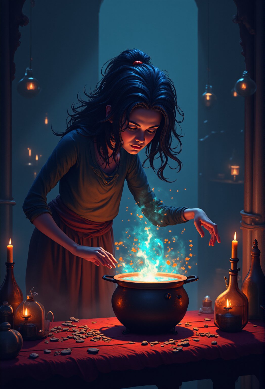 A mystical sorceress, her raven tresses tangled with glittering starlight and crescent moon fragments, bends over an ancient cauldron as steam swirls around her. A delicate crystal orb suspended above the bubbling brew casts an ethereal glow on her enigmatic face, illuminated by flickering candlelight within a dimly lit apothecary.cartoonish 3D painting