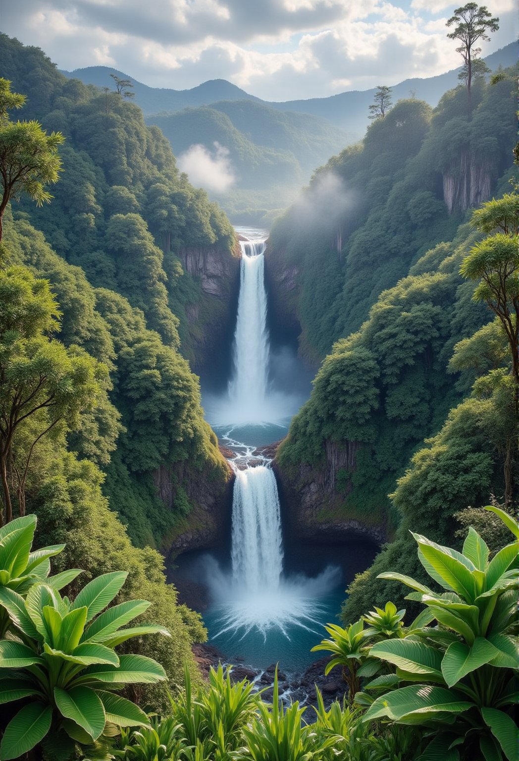 Akaka Falls plunges 442 feet into a lush gorge, surrounded by tropical rainforest. A scenic hike through vibrant vegetation, bamboo groves, and wild orchids leads visitors to this majestic waterfall within Akaka Falls State Park. Framed against misty surroundings, the falls' mystical ambiance is enhanced by the lush foliage. Capture the scene with the camera positioned at the edge of the gorge, capturing the falls' sheer scale and the tropical atmosphere.