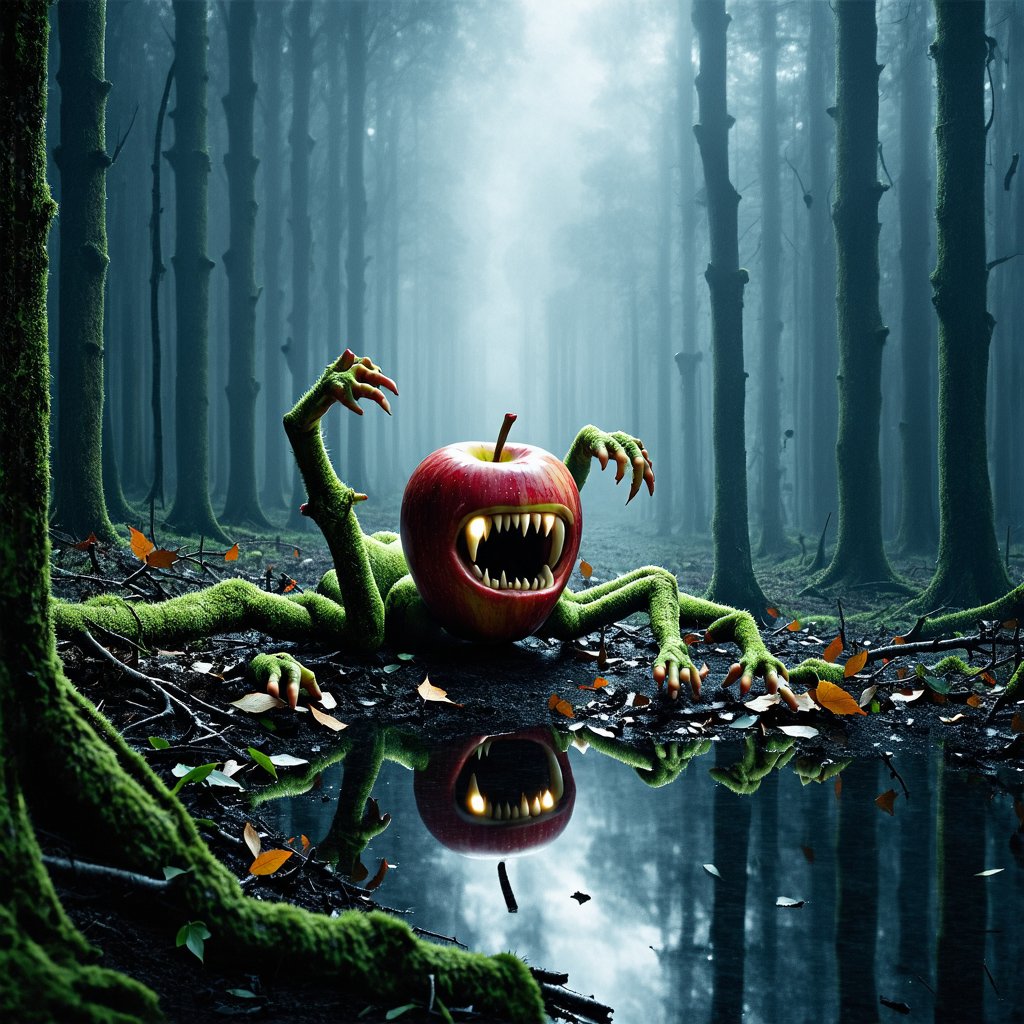 In a dark, foggy forest, a hyperrealistic photography captures an eerie and horror-filled scene: a twisted, apple-like monster creature sprawls across the forest floor, its core now home to claw-like branches that grasp at the air. (((Shiny eyes))) glimmer with an otherworldly intensity, while (((sharp teeth))) seem ready to strike. The fallen leaves and moss-covered ground create an atmosphere of foreboding, dark, eerie as the low-angle shot places the viewer in a position of vulnerability alongside this unsettling, anthropomorphic being.